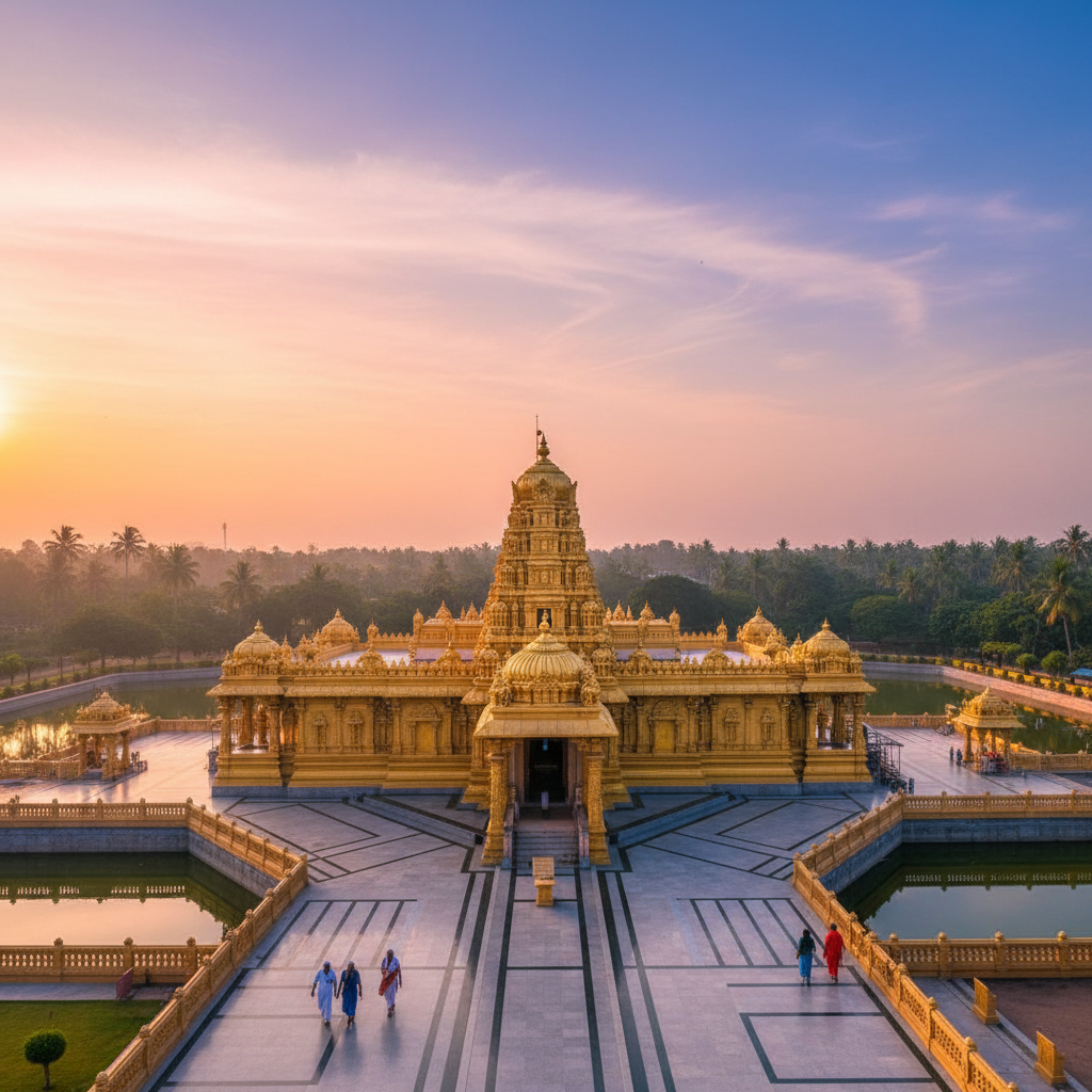 A panoramic view of the Sripuram complex for a one day trip to Vellore Golden Temple.