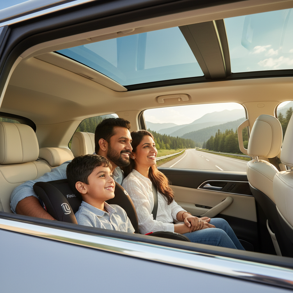 A family enjoying a comfortable journey in a car from Bangalore to Vellore.