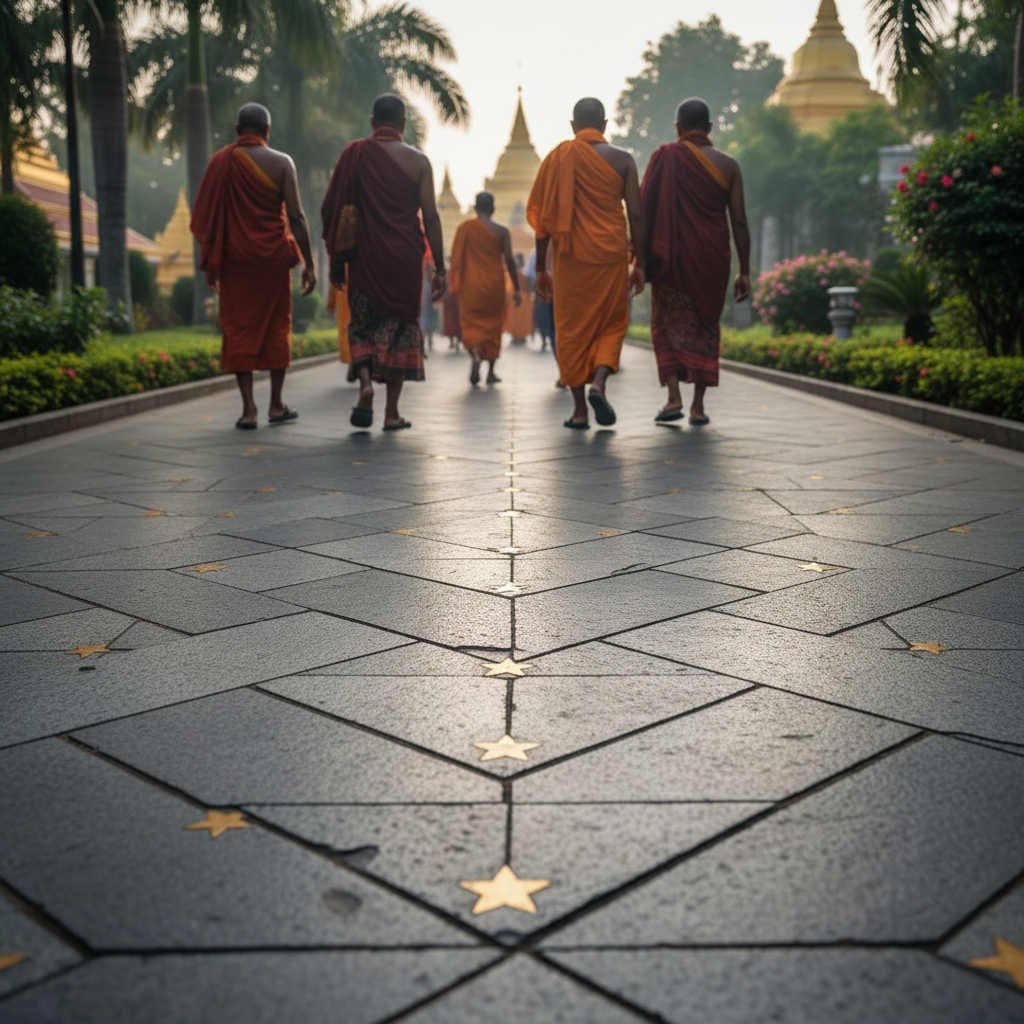 Devotees walking along the star-shaped path at the Vellore Golden Temple.