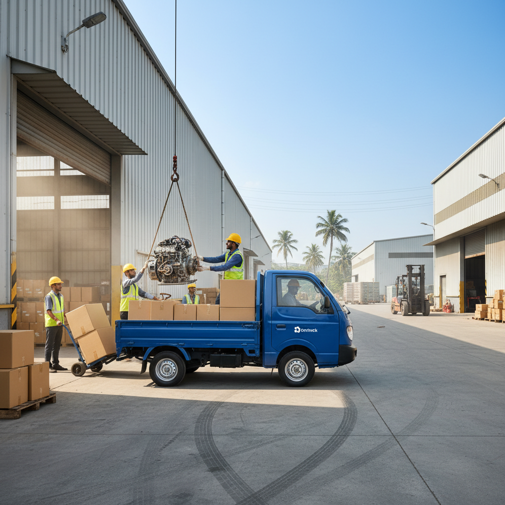 A Droptruck mini truck being loaded with industrial goods in Chennai for a same day delivery.