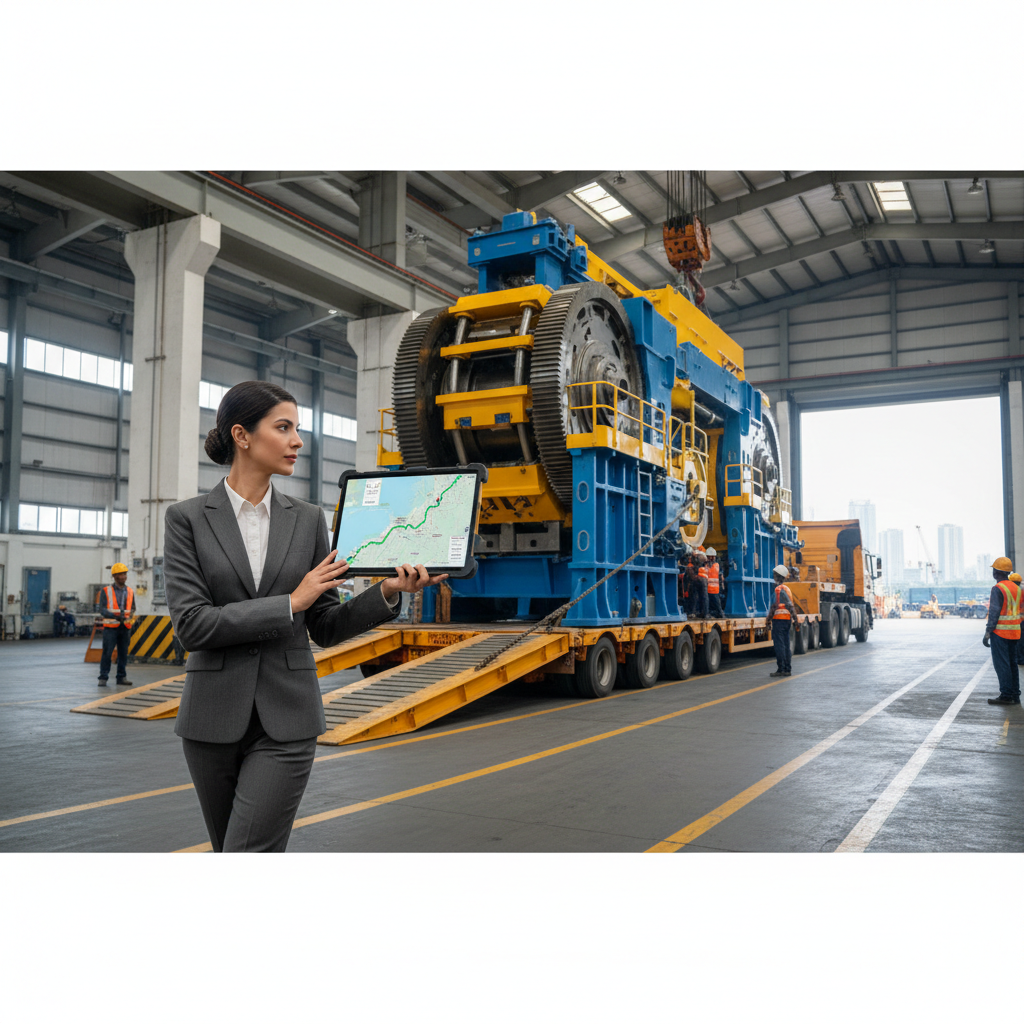 A logistics manager using a tablet to track factory goods transport in Chennai.
