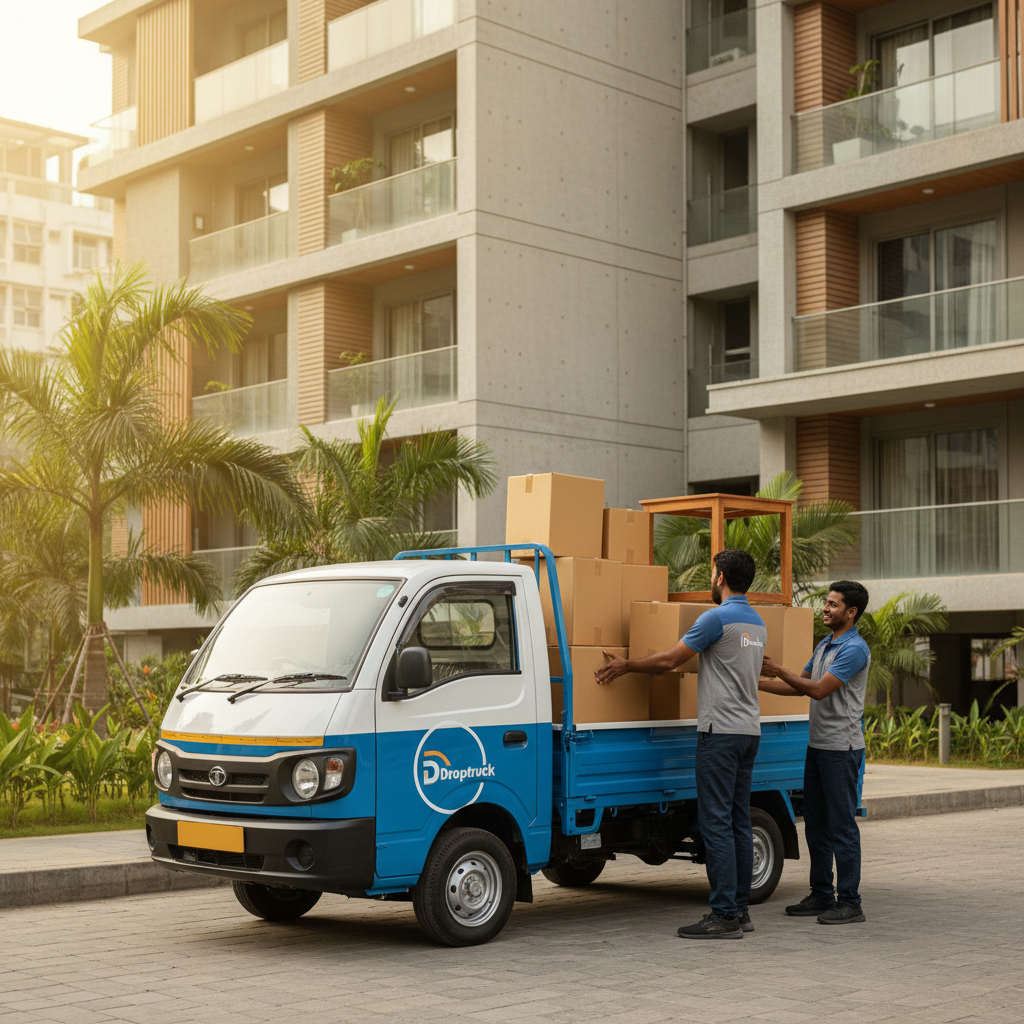 A Droptruck mini truck being loaded with boxes for a house shifting service in Chennai.