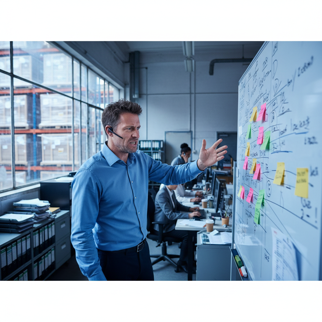 A logistics manager looking stressed in a factory office, highlighting issues with B2B transport services.