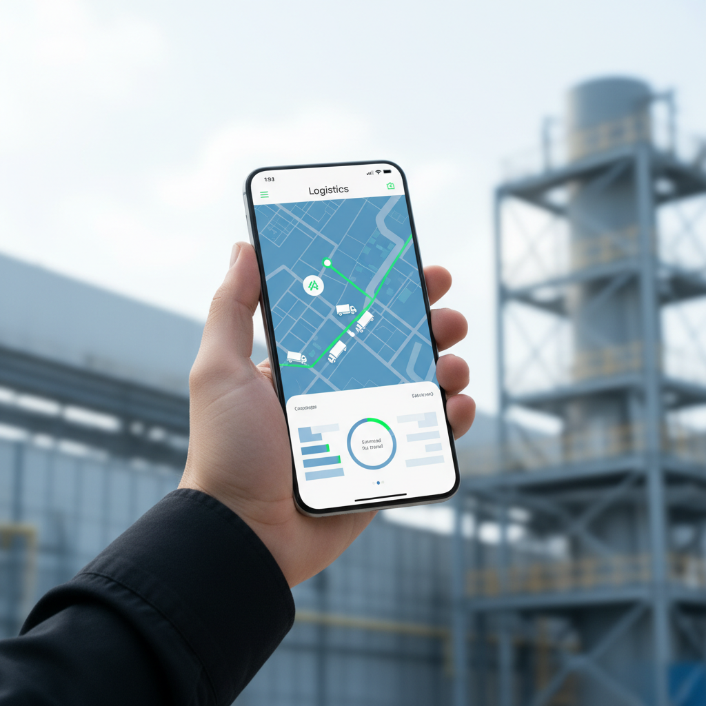 A Droptruck app screen showing real-time industrial truck booking and tracking for manufacturing logistics.