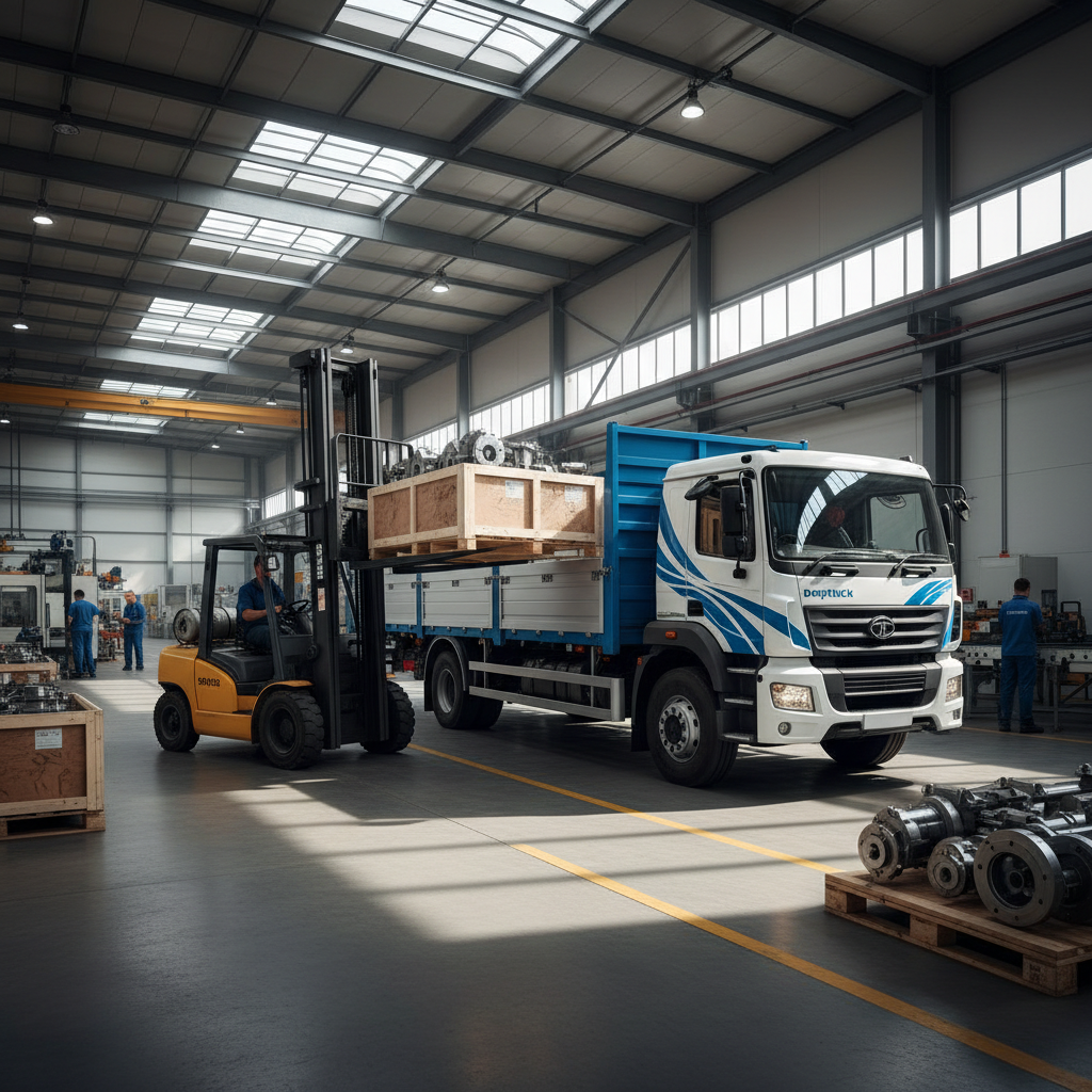 A Droptruck truck being loaded with industrial cargo at a factory in Chennai.