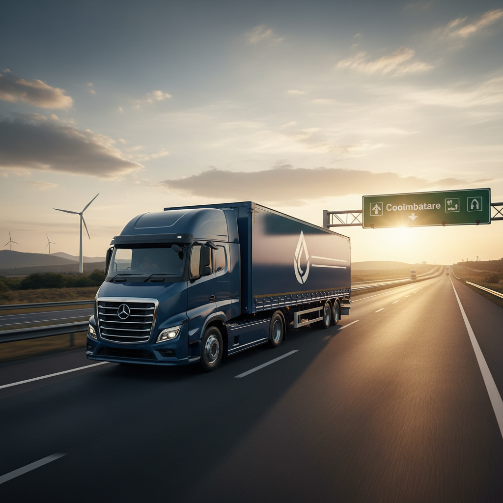 A Droptruck lorry driving on the highway from Chennai to Coimbatore at sunset.