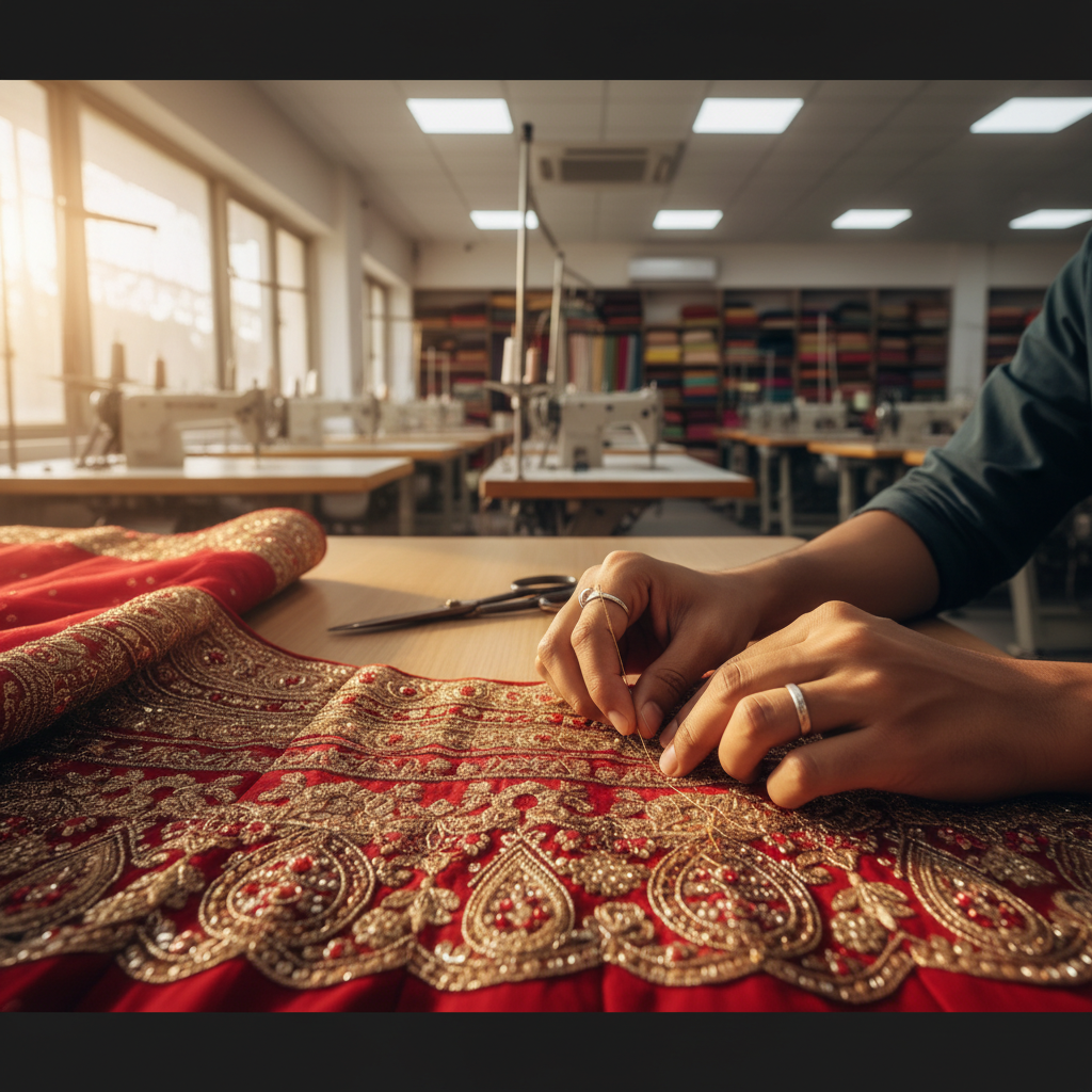 A skilled tailor measuring a luxurious wedding lehenga fabric in Chennai.