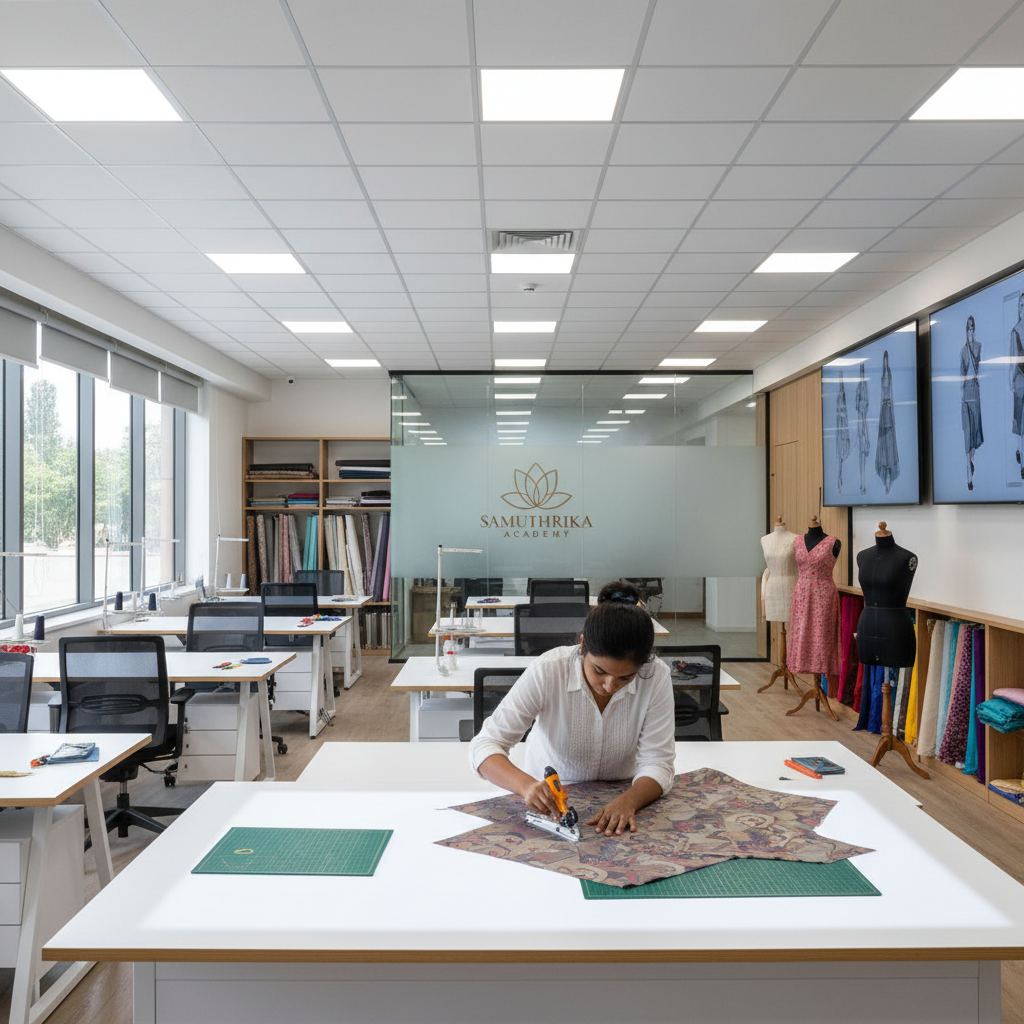 A student in a pattern making course at Samuthrika Academy carefully drafting a design.