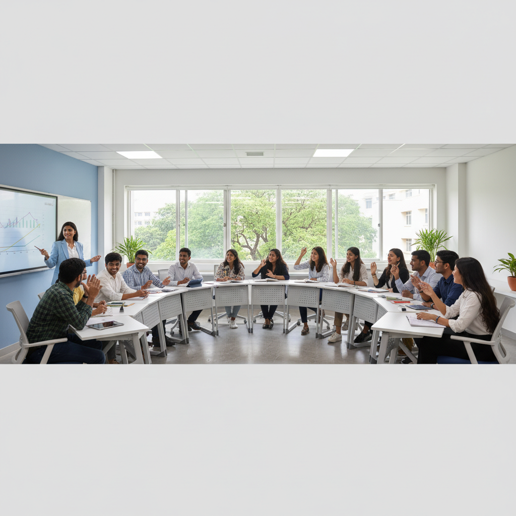 A diverse group of students engaged in professional language coaching in Trichy at Samuthrika Academy.