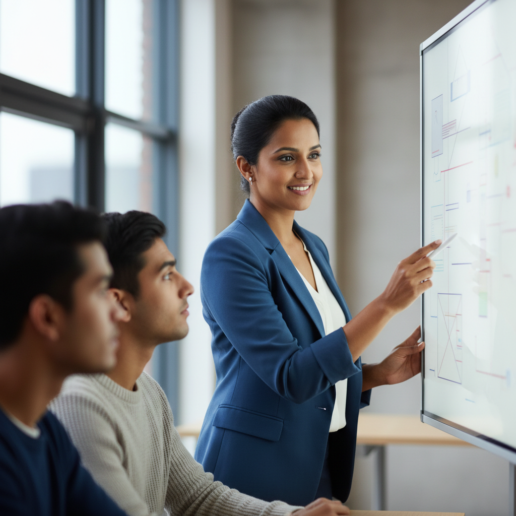 A female tutor pointing at a whiteboard during a German language class, demonstrating Samuthrika Academy's interactive teaching method.
