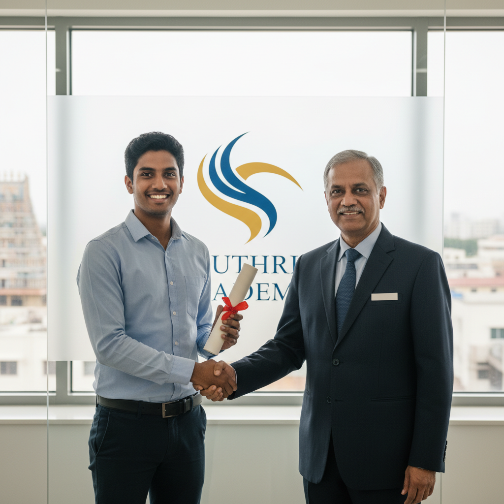 A student receiving a language course certificate at Samuthrika Academy in Trichy.