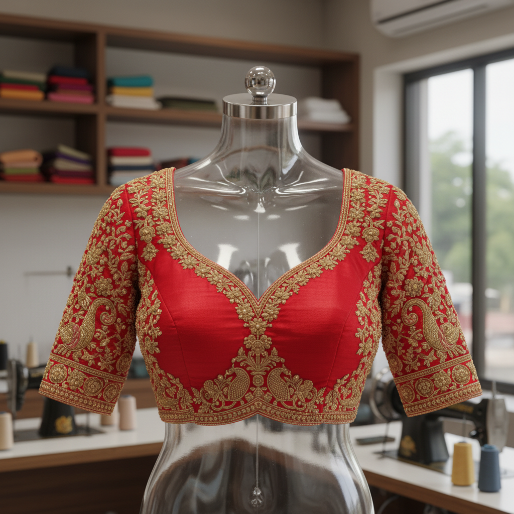 Intricate Aari work on a bridal blouse by Samuthrika's silk saree embroidery services in Kumbakonam.