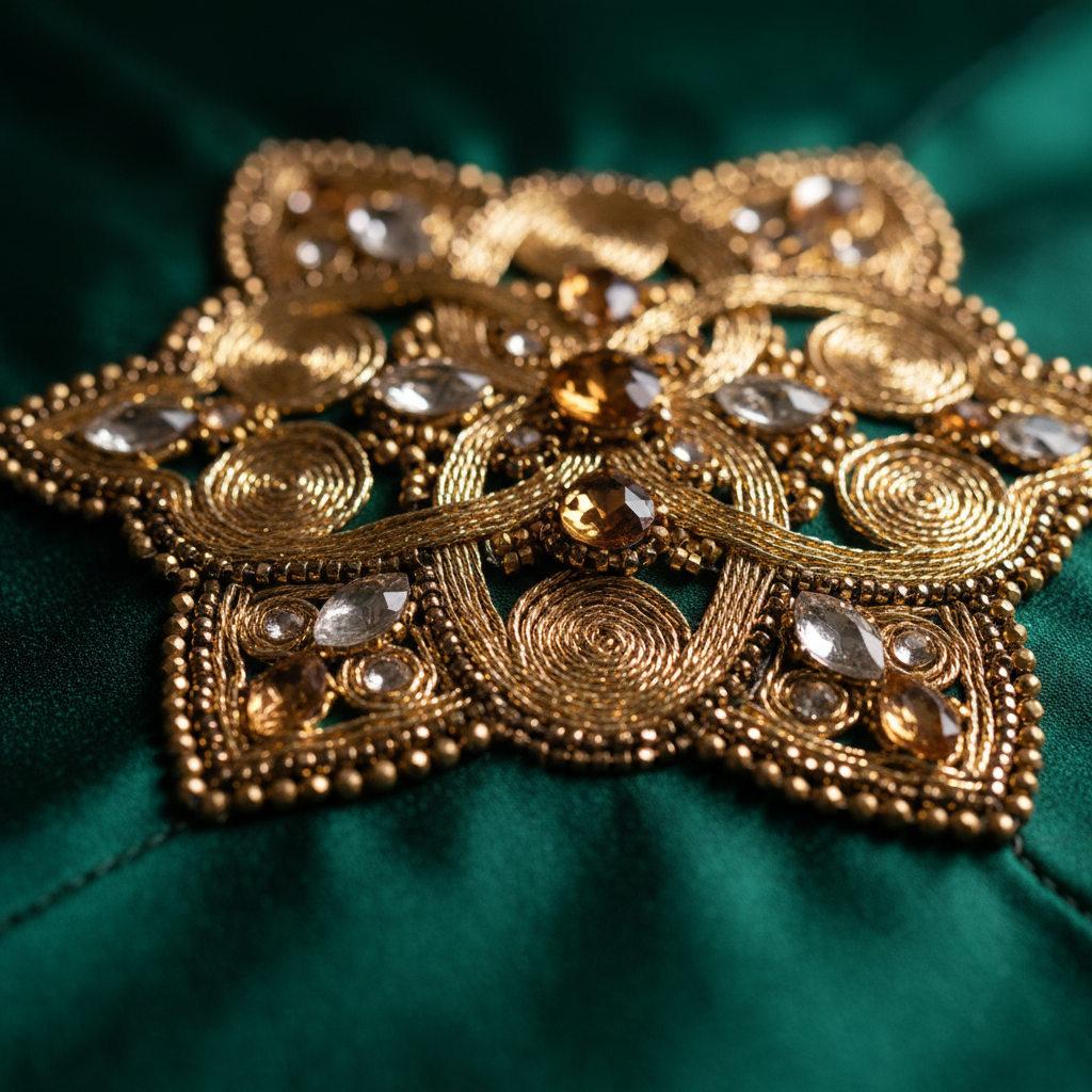 A close-up of luxurious Zardosi and bead work on a silk saree blouse.