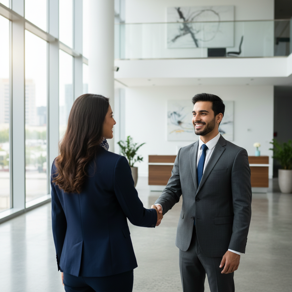 A confident graduate shaking hands with a recruiter after successful presentation skills coaching in Chennai.