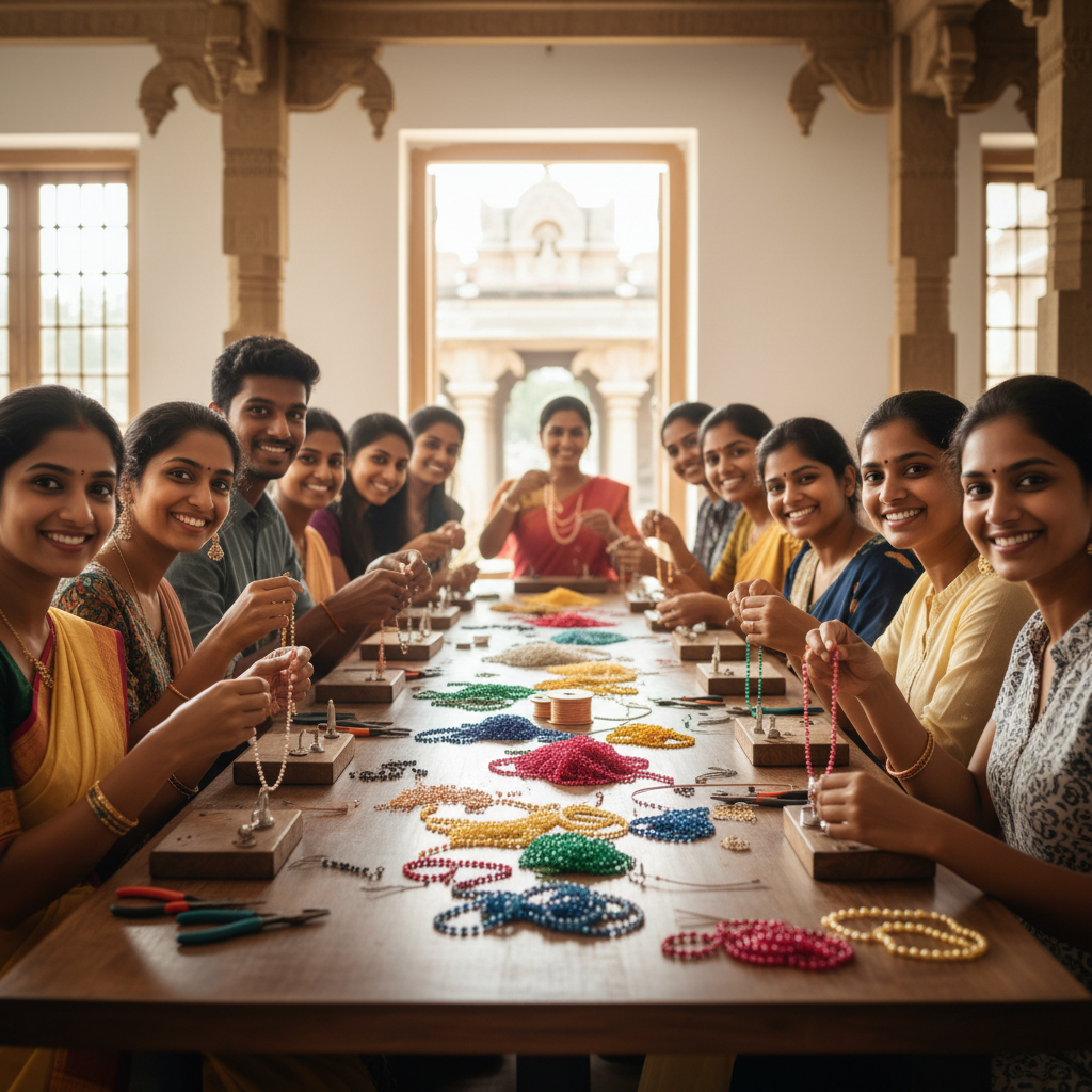 Students learning at Samuthrika Academy's fashion jewelry making classes near me in Kumbakonam.