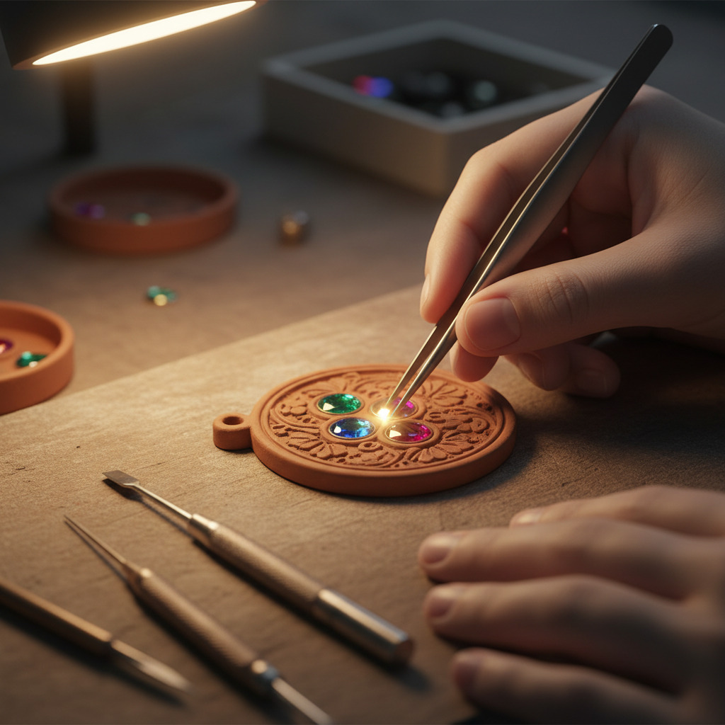 A close-up of hands during a stone setting class for jewelry at Samuthrika Academy.