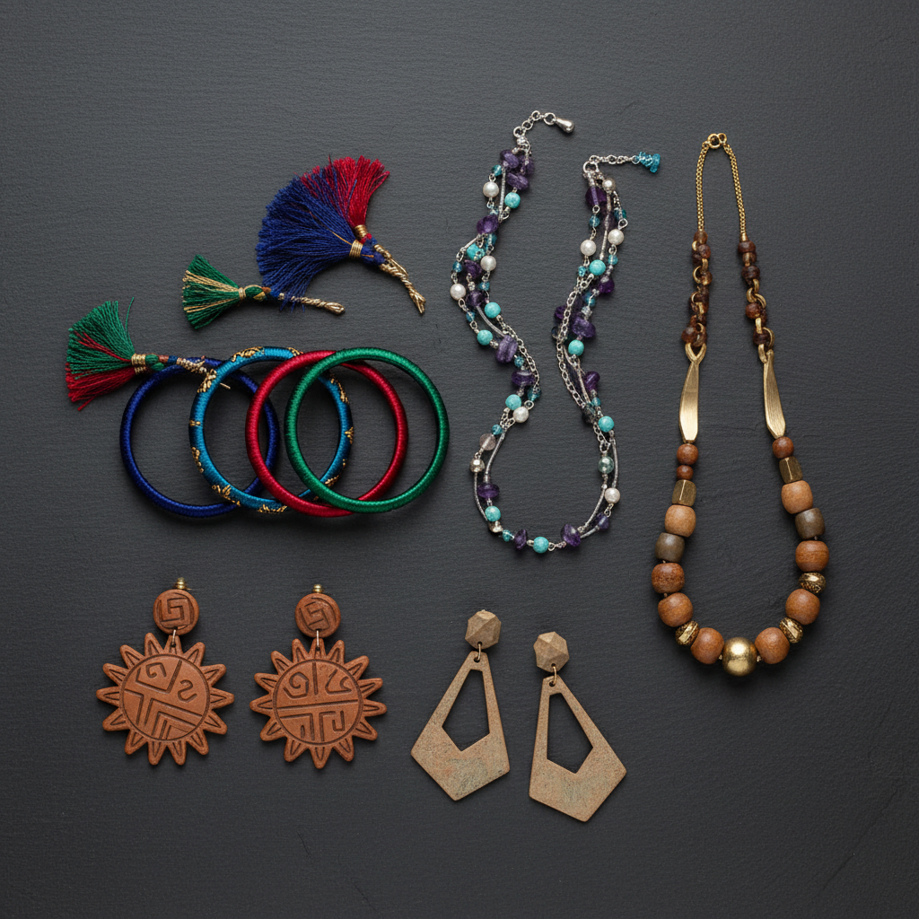 A collection of beautiful, finished pieces from a jewelry making course in Tamil Nadu.