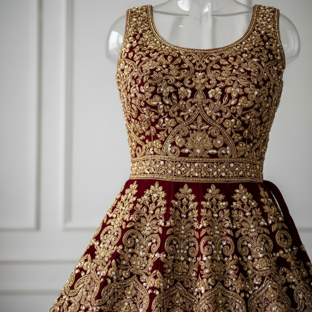 A beautifully stitched wedding lehenga showcasing bespoke tailoring from Samuthrika Academy.