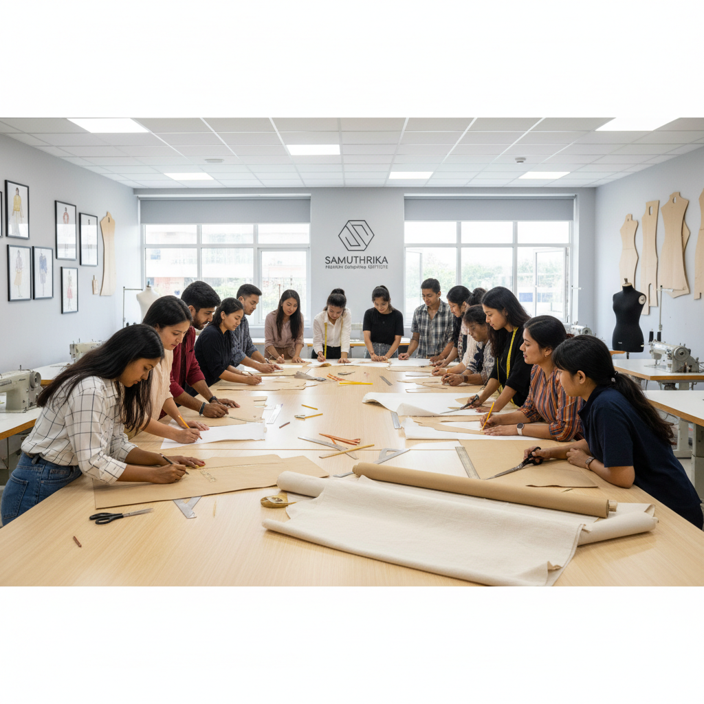Students in a fashion designing course at Samuthrika Academy in Trichy learning pattern making.