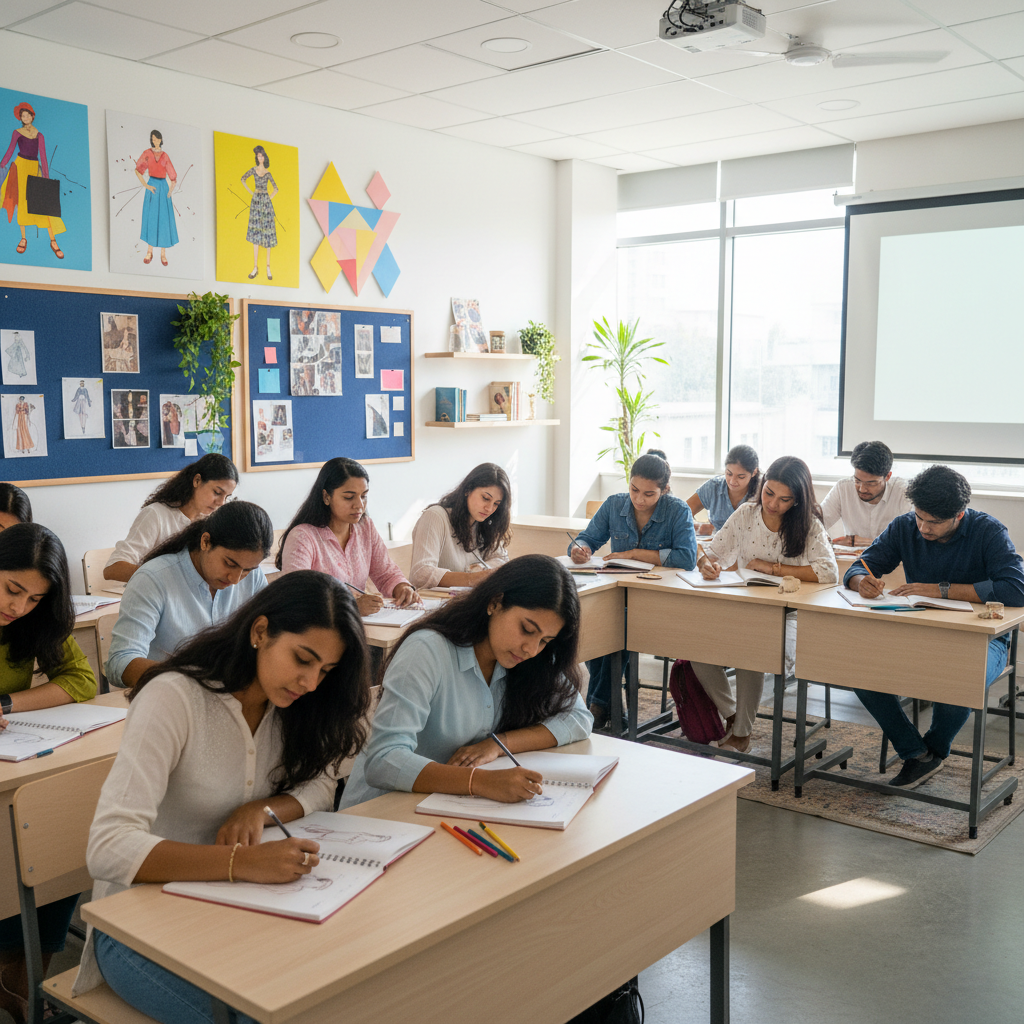 Students sketching fashion designs in a classroom at Samuthrika Academy, pursuing a Diploma in Fashion Designing in Trichy.
