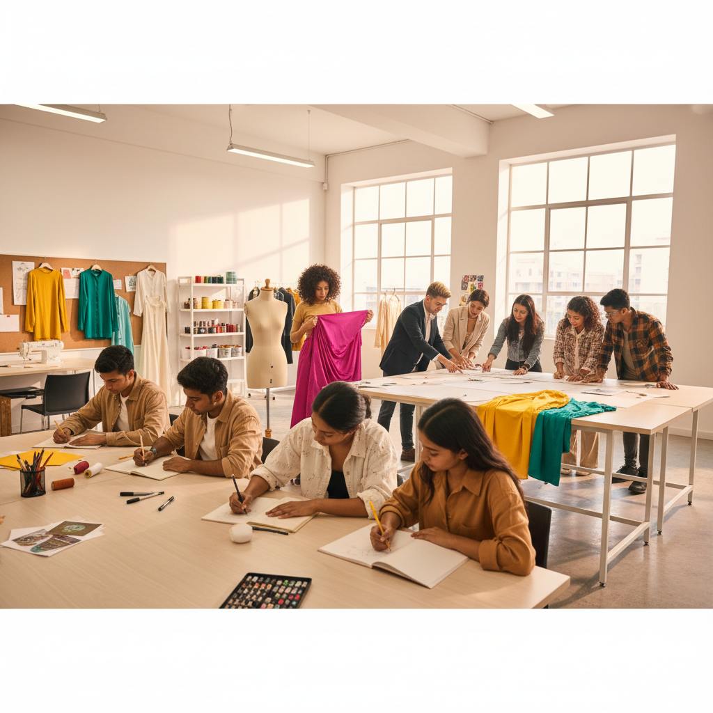 Students in a Master Diploma Fashion Design Trichy class at Samuthrika Academy working on designs.