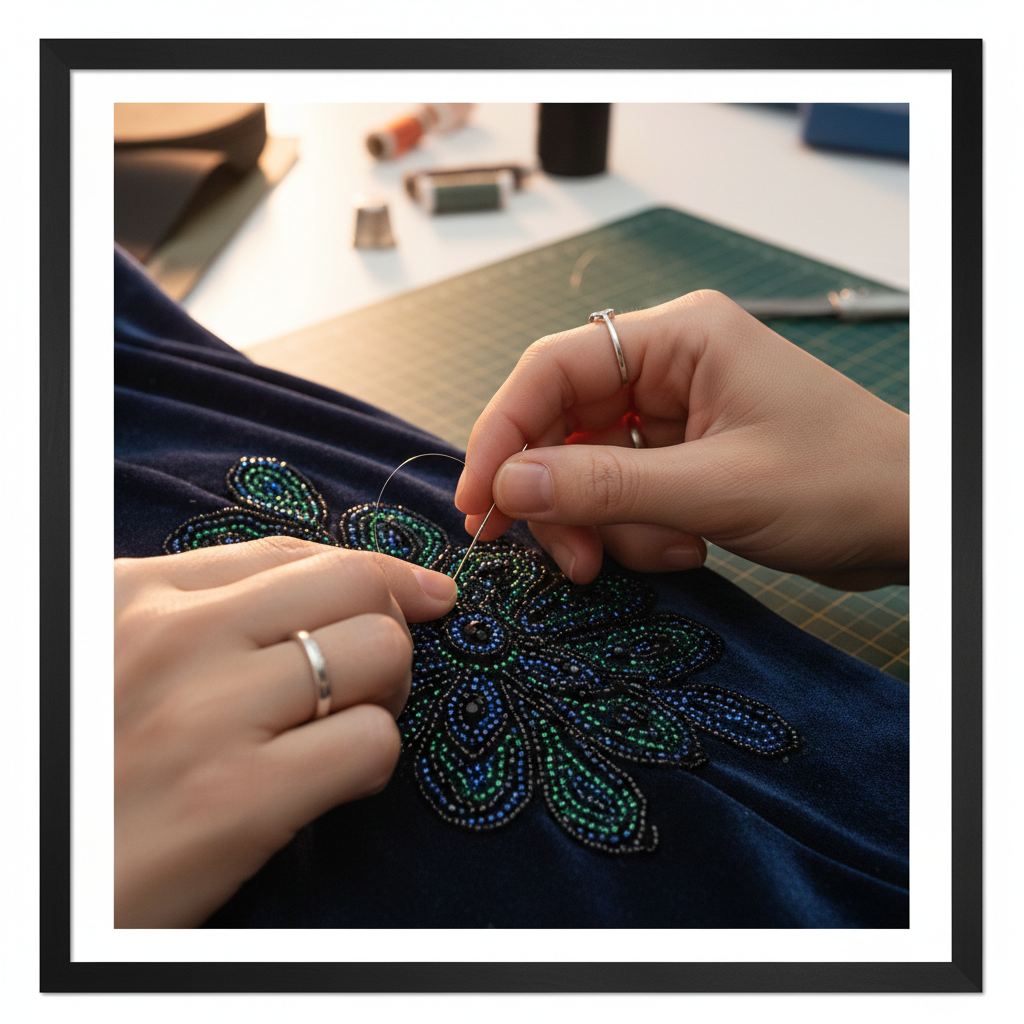 A close-up of a student's hands executing an advanced tailoring technique on a garment.