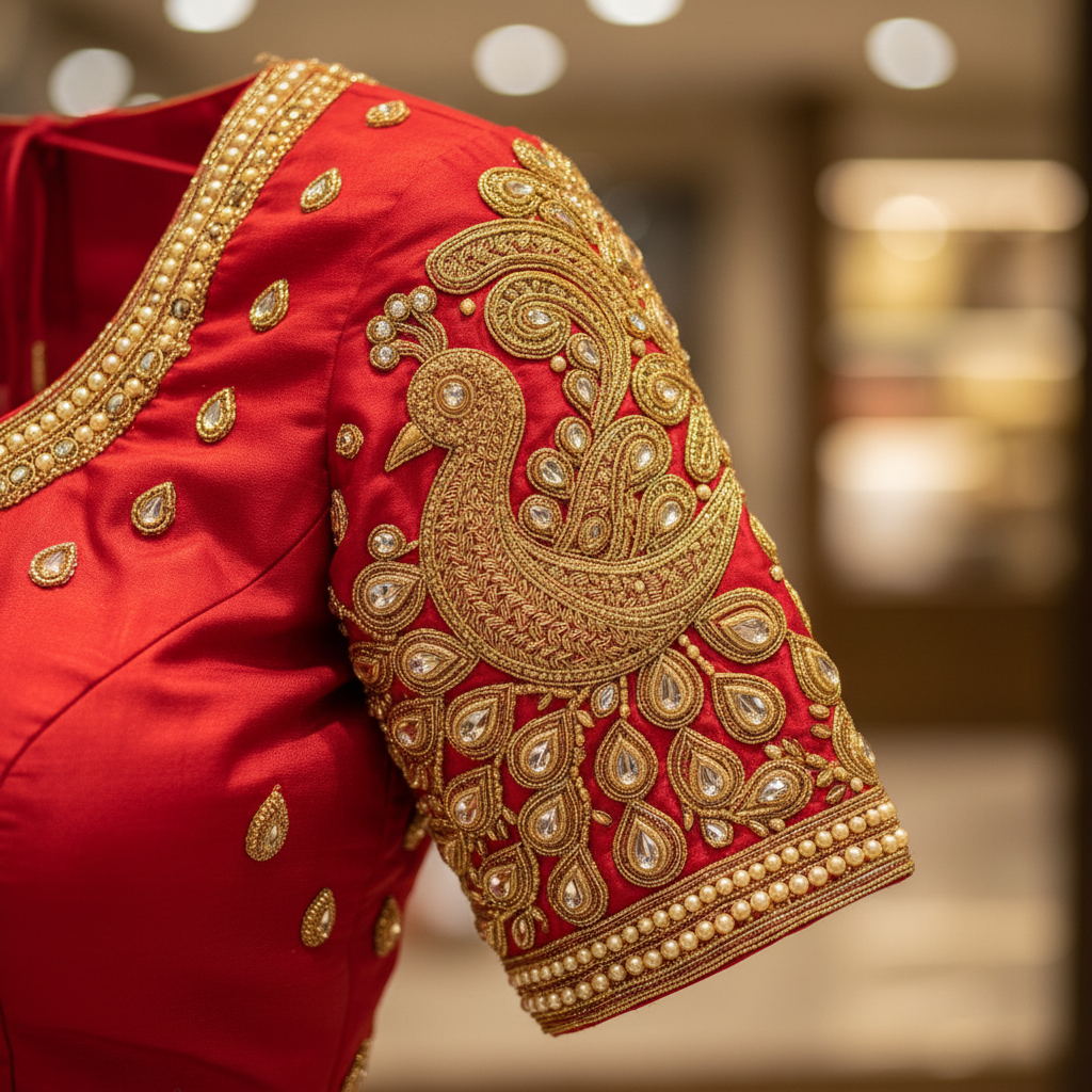 A close-up of intricate customized wedding blouse embroidery from a professional Aari designer in Chennai.