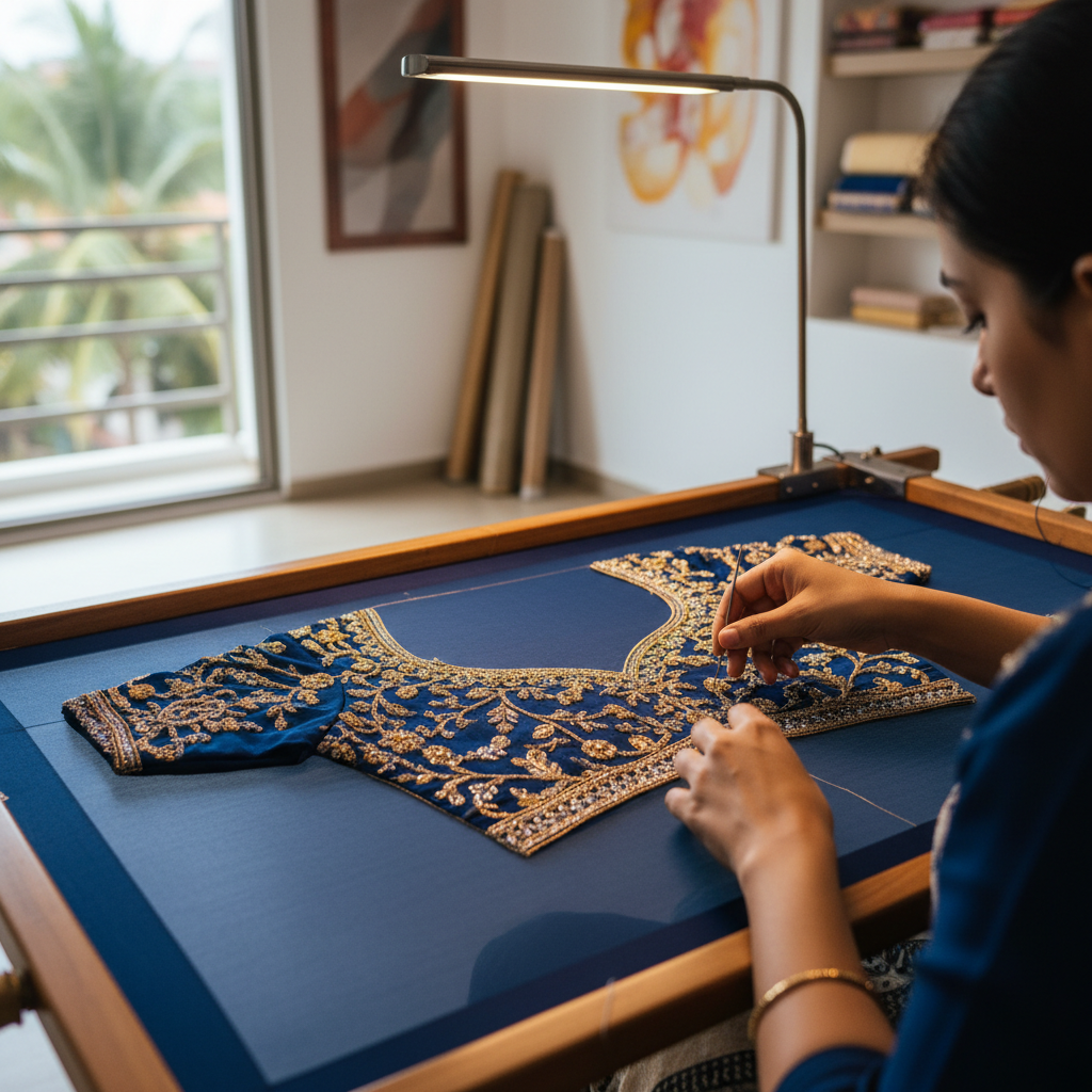 A skilled artisan from Samuthrika Academy performing Aari work blouse stitching in Chennai on a bridal blouse.