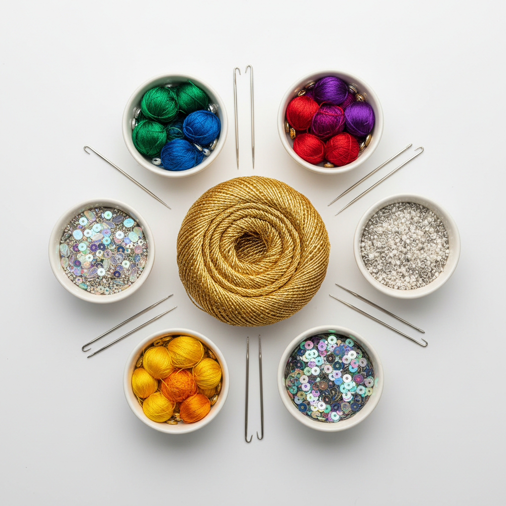 A collection of colorful Aari work materials and threads available at Samuthrika Academy's classes in Chennai.