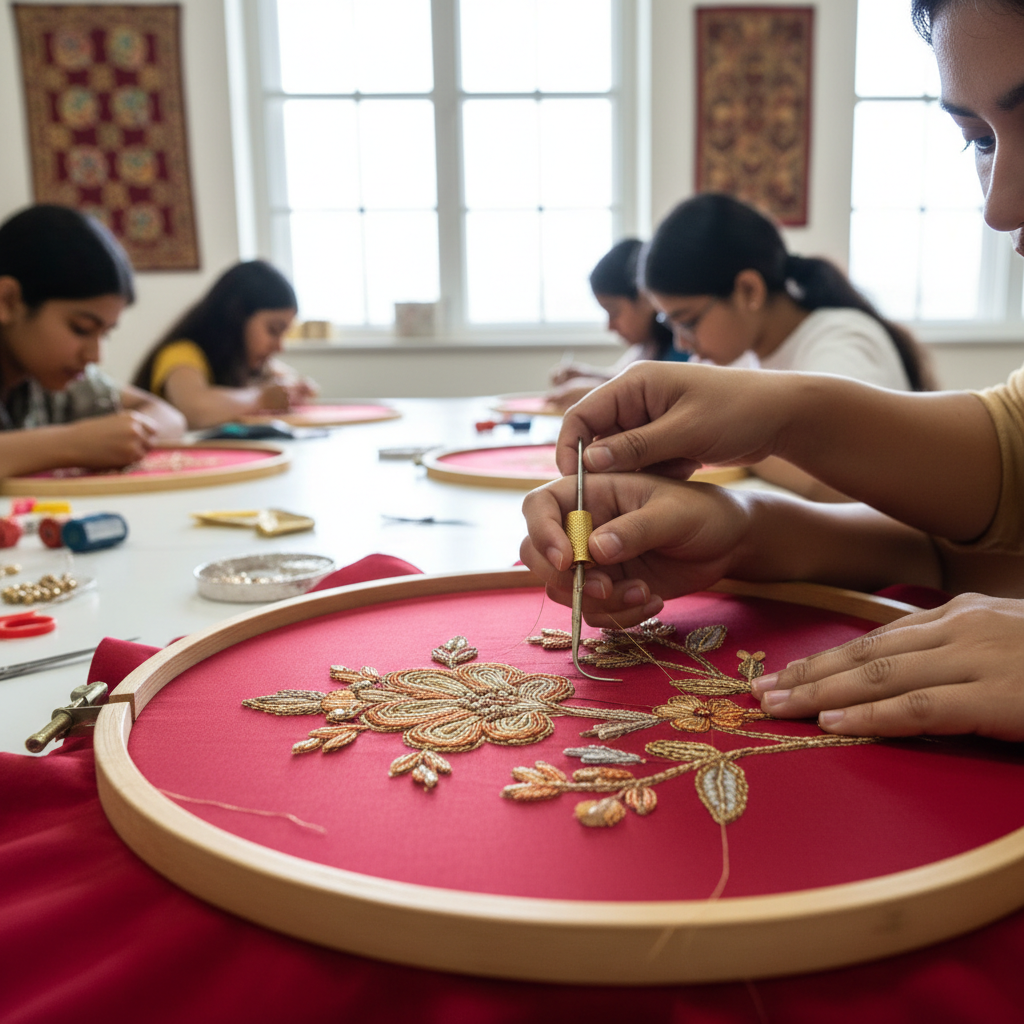 A close-up of hands working on an intricate design in a Zardosi work class in Chennai.