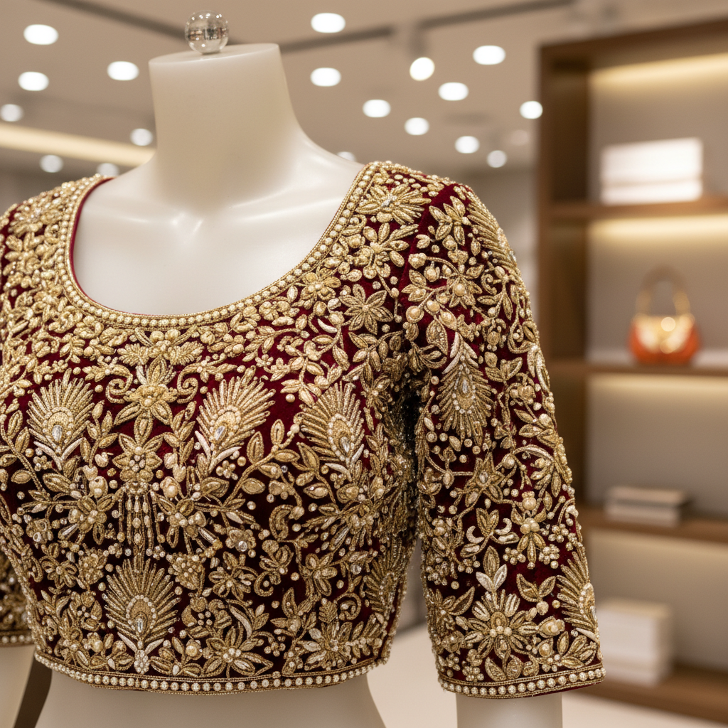 A stunning bridal blouse with heavy Zardosi embroidery from the best boutique for embroidery in Chennai.