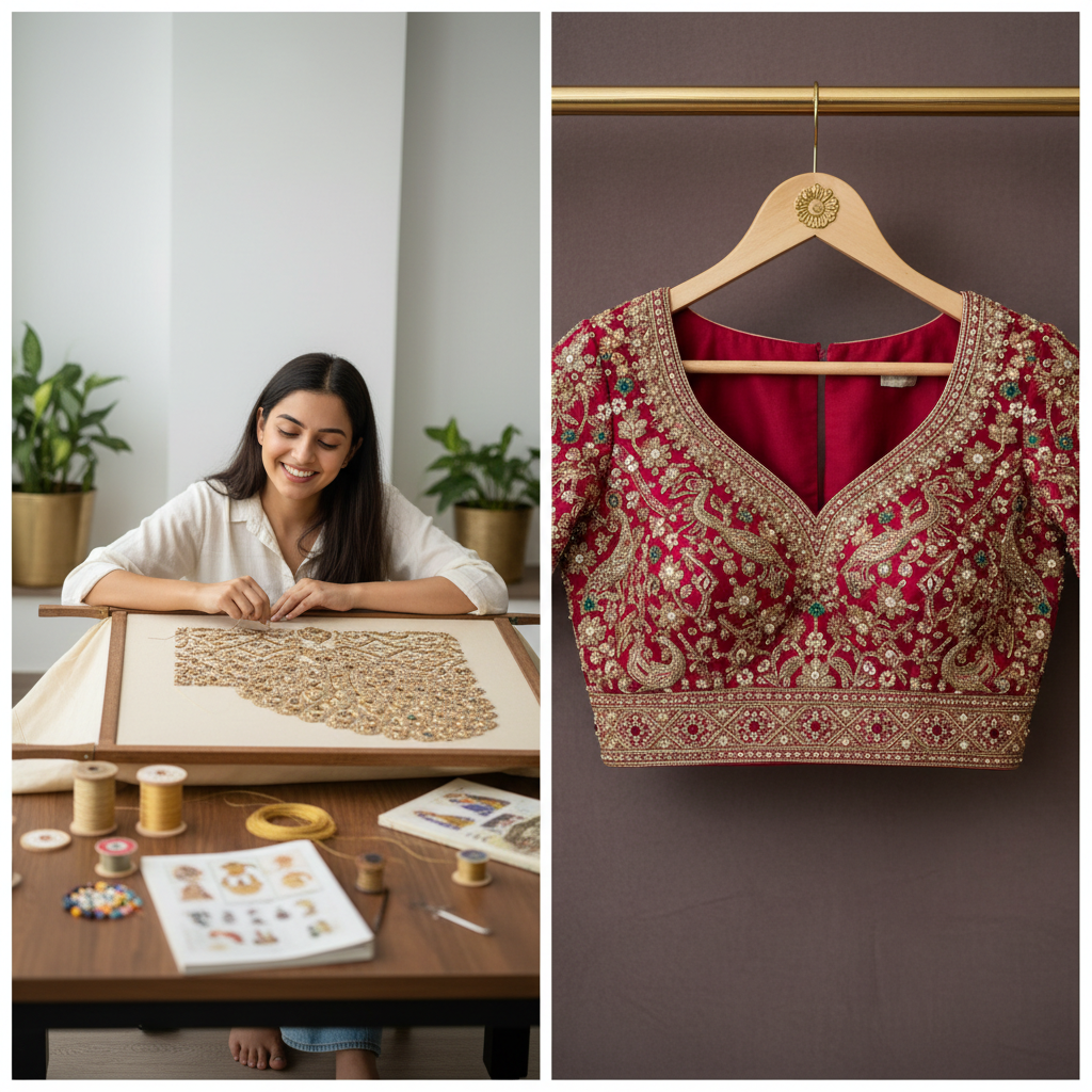 A collage showing a student learning embroidery and a finished bridal blouse, representing the journey at a Zardosi work class.