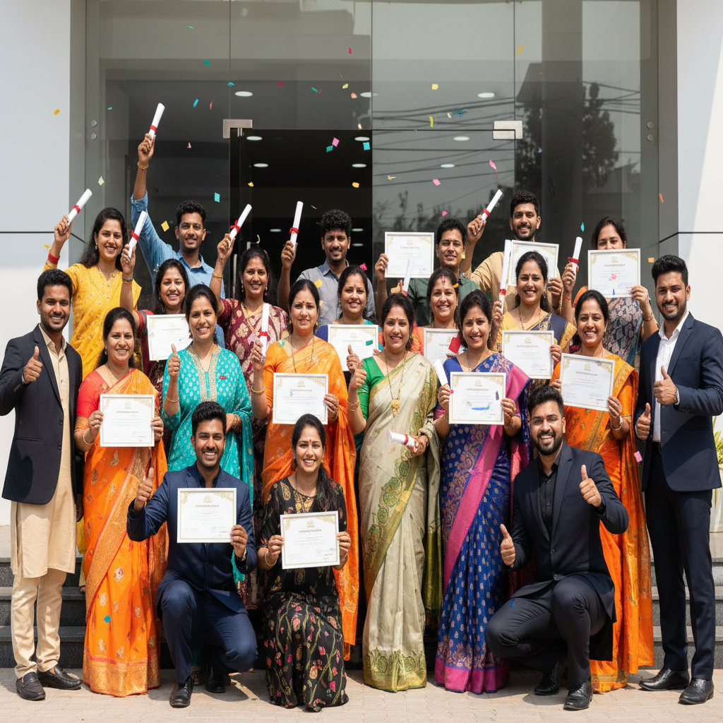 A group of happy graduates holding their certificates from a certified skill workshop at Samuthrika Academy.