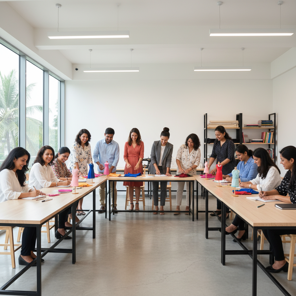 Students engaged in a part time fashion designing course in Chennai at Samuthrika Academy.