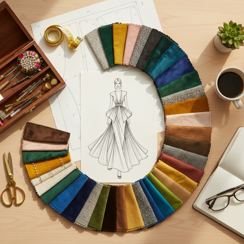 A detailed look at a fashion design student's workstation with sketches and fabric swatches.