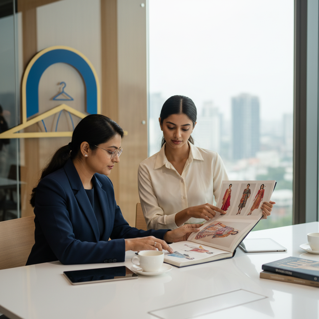 A fashion design student receiving portfolio advice as part of placement assistance in Chennai.