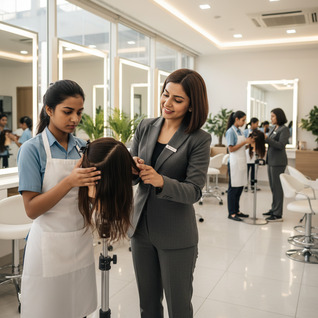 A student learning advanced hair coloring techniques at a beautician course in Trichy.