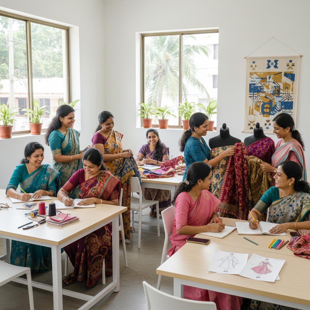 Women learning at one of the short term skill courses Kumbakonam offers at Samuthrika Academy.