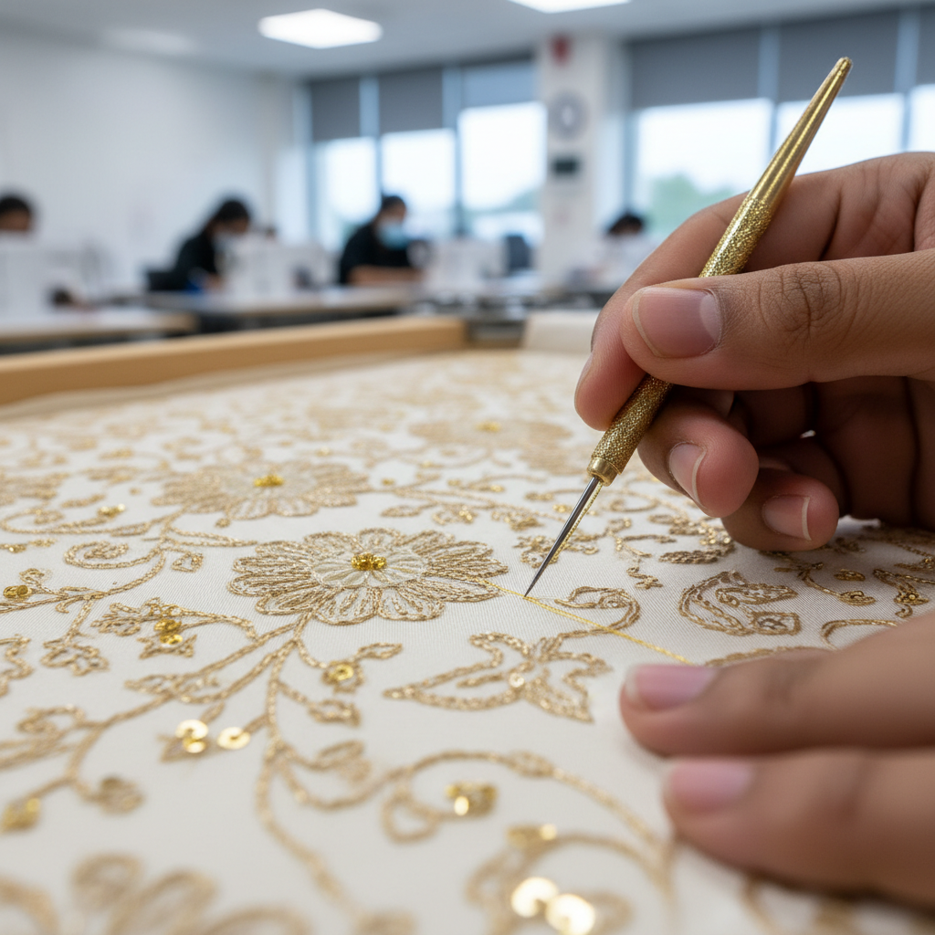 Close-up of hands-on vocational training in Kumbakonam, showing intricate embroidery work.