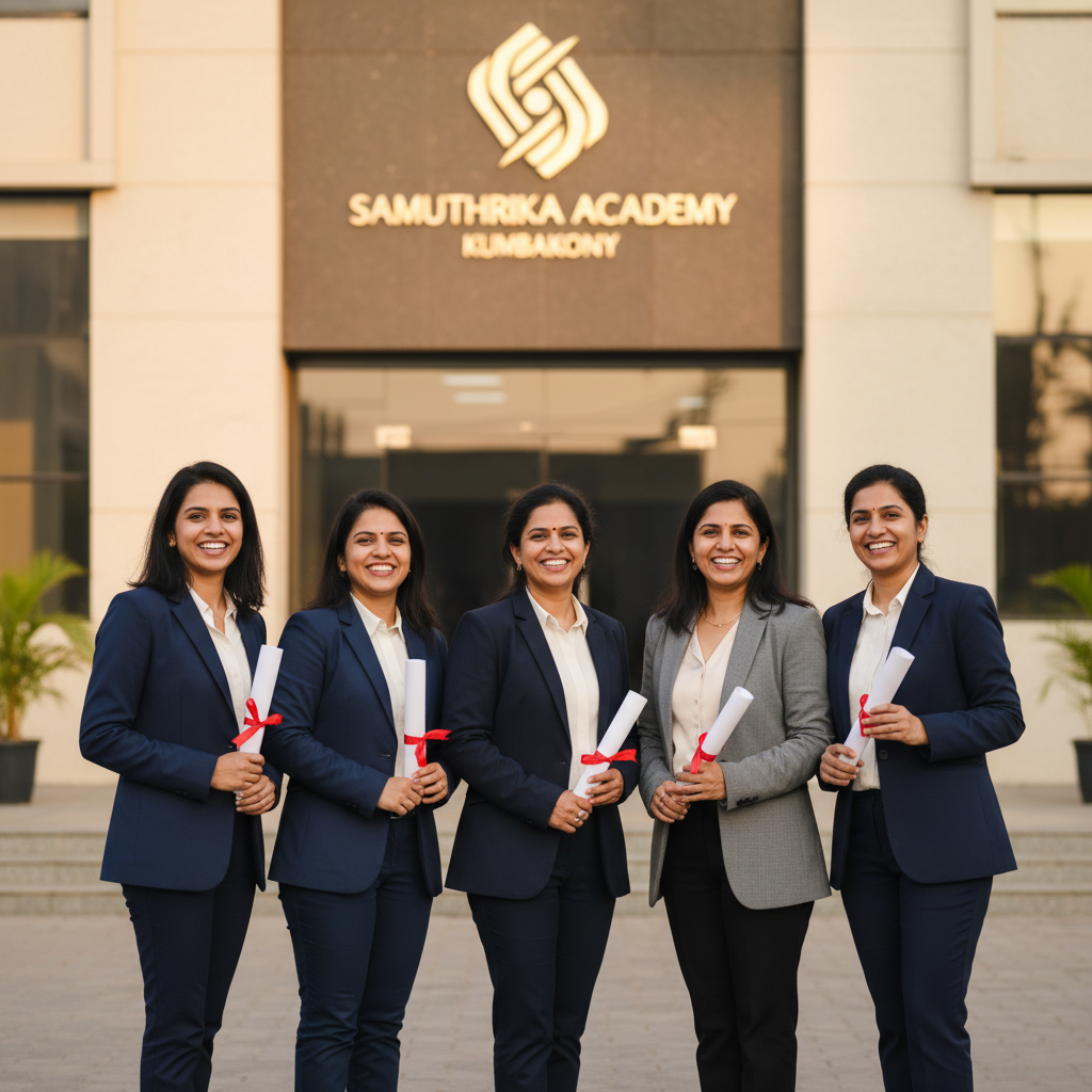 A group of empowered women holding certificates from Samuthrika's professional skills center in Kumbakonam.