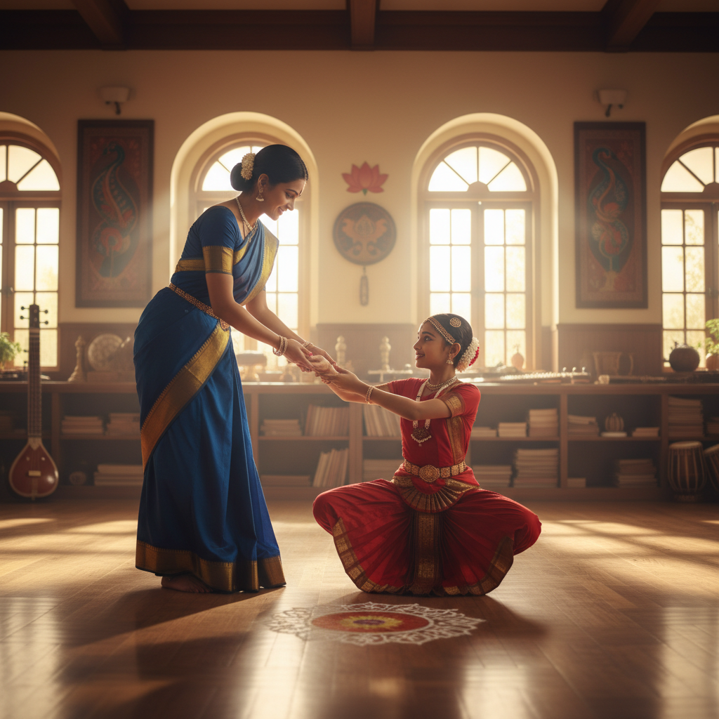 A student learning Bharatanatyam at the best cultural training center near me in Trichy.