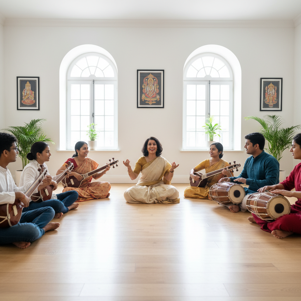 A vibrant classroom for devotional music classes trichy at Samuthrika Academy, a leading Tamil culture learning center.