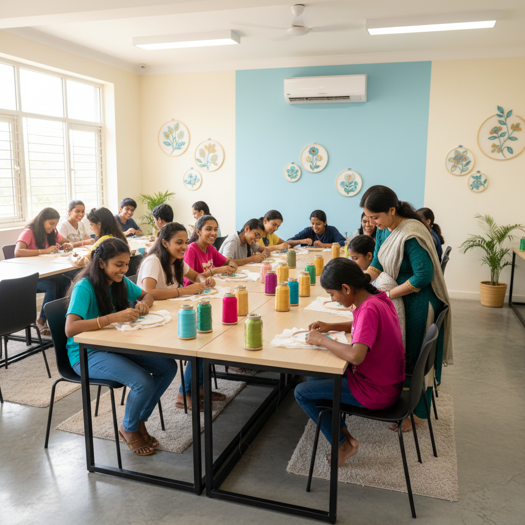 Students participating in one of the affordable creative workshops for students in Trichy at Samuthrika Academy.