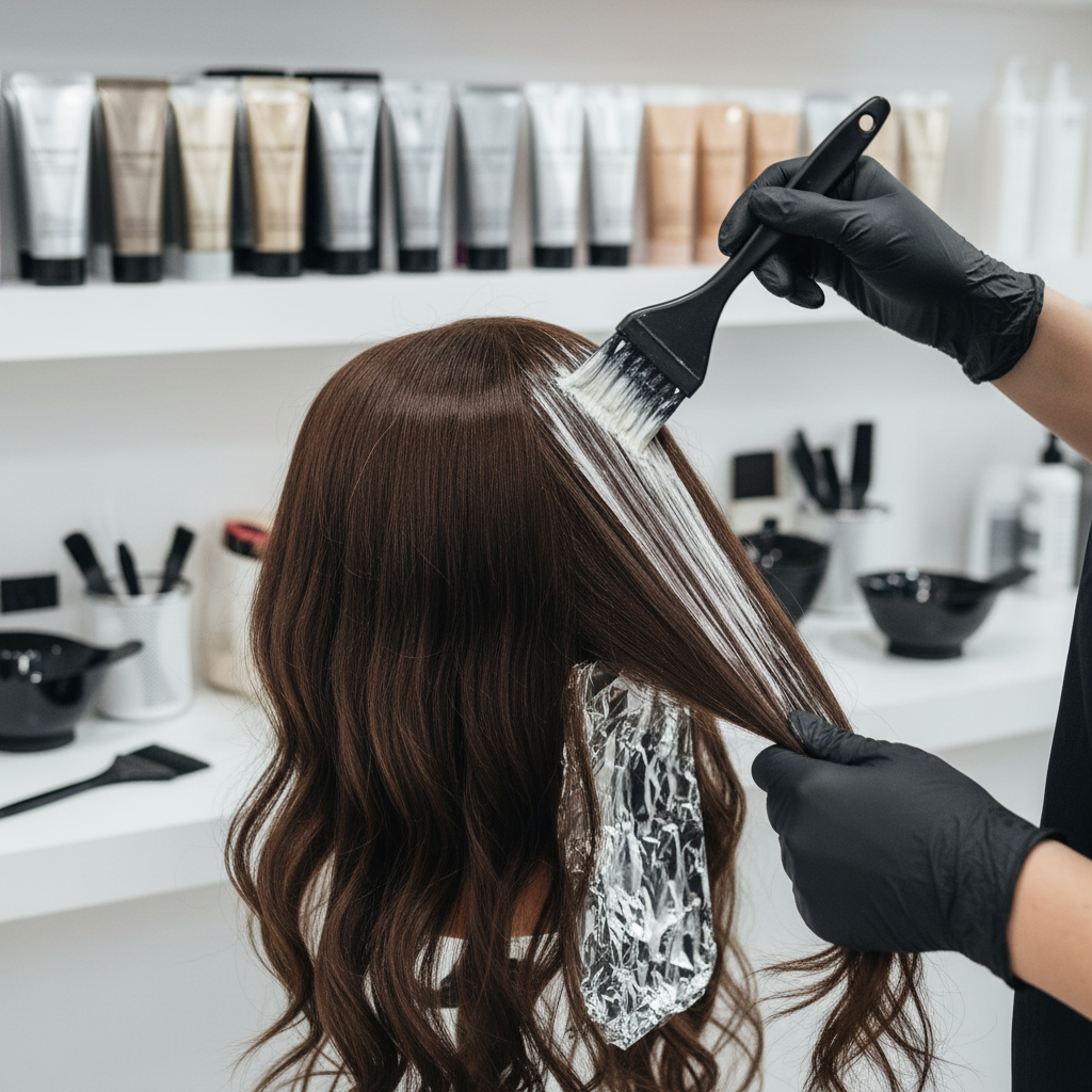 A student practicing advanced hair coloring techniques during a beautician course.