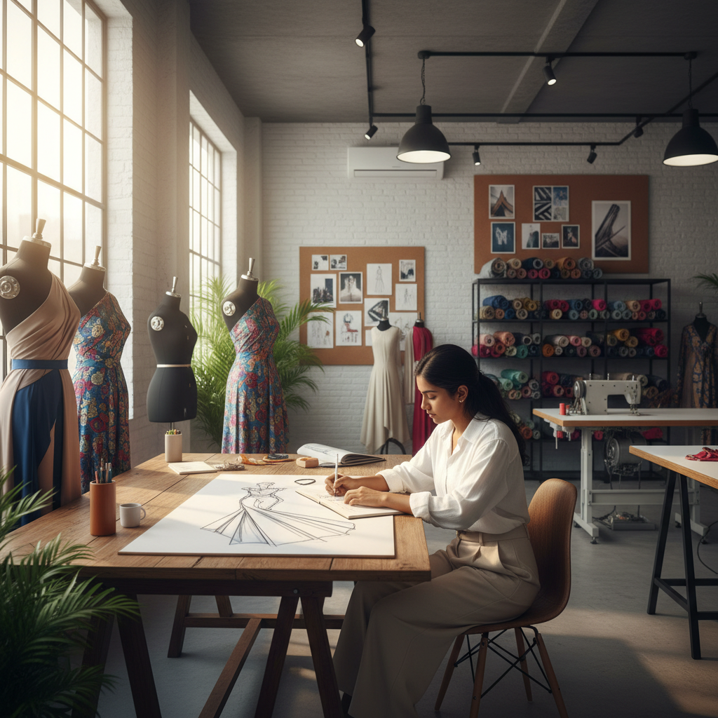 A student sketching a fashion design in a bright studio, representing a fashion designing course in Chennai.
