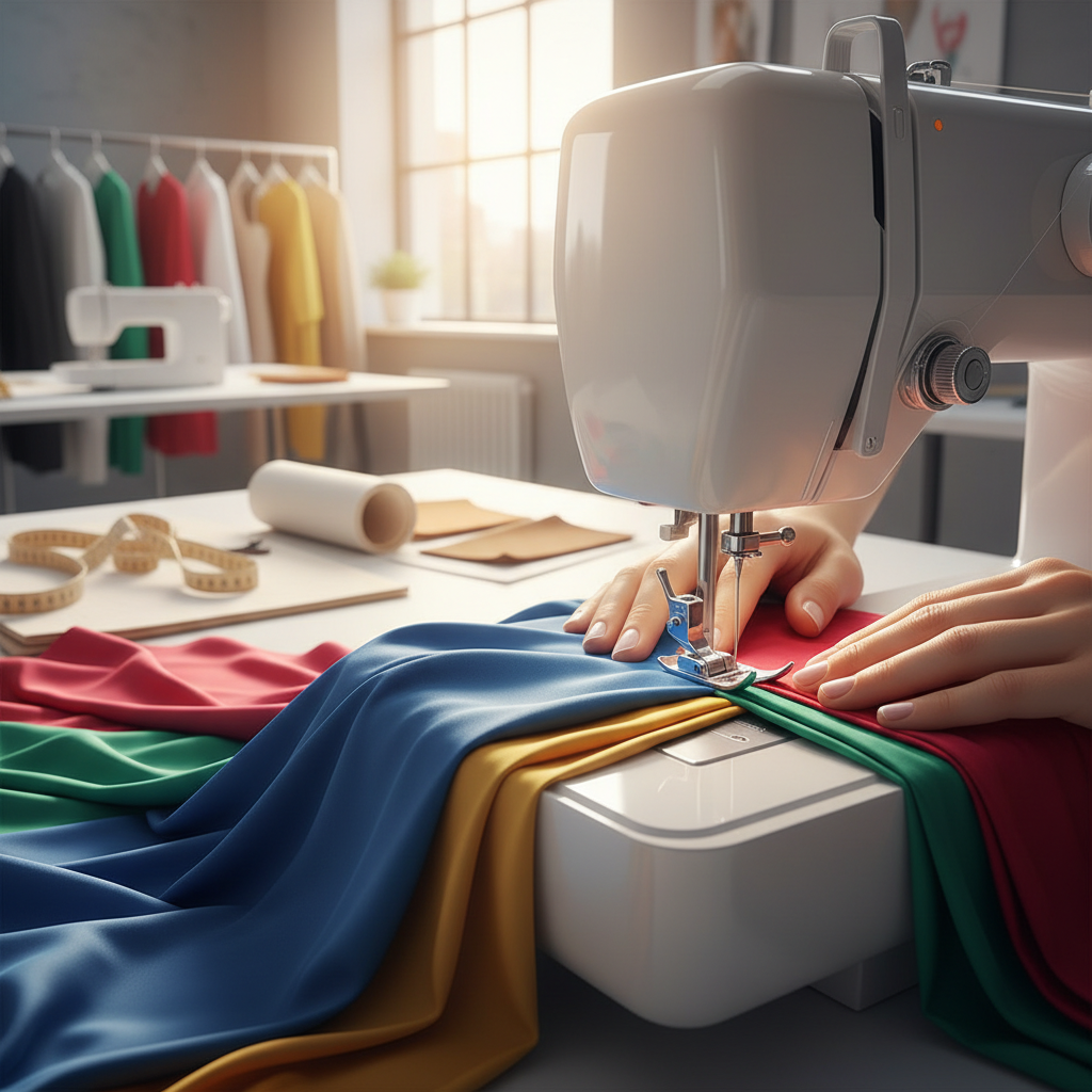Close-up of a sewing machine with vibrant fabrics at Samuthrika Academy's workshop.
