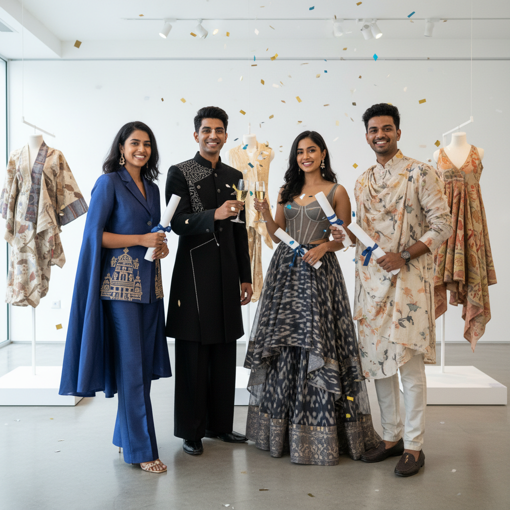 A group of confident fashion design graduates from Chennai ready for their careers.