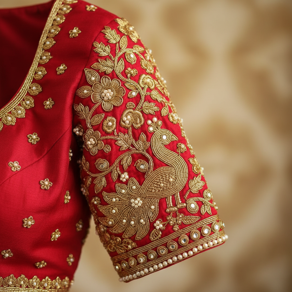 A close-up of a stunning bridal blouse featuring intricate work from Aari work services Chennai.