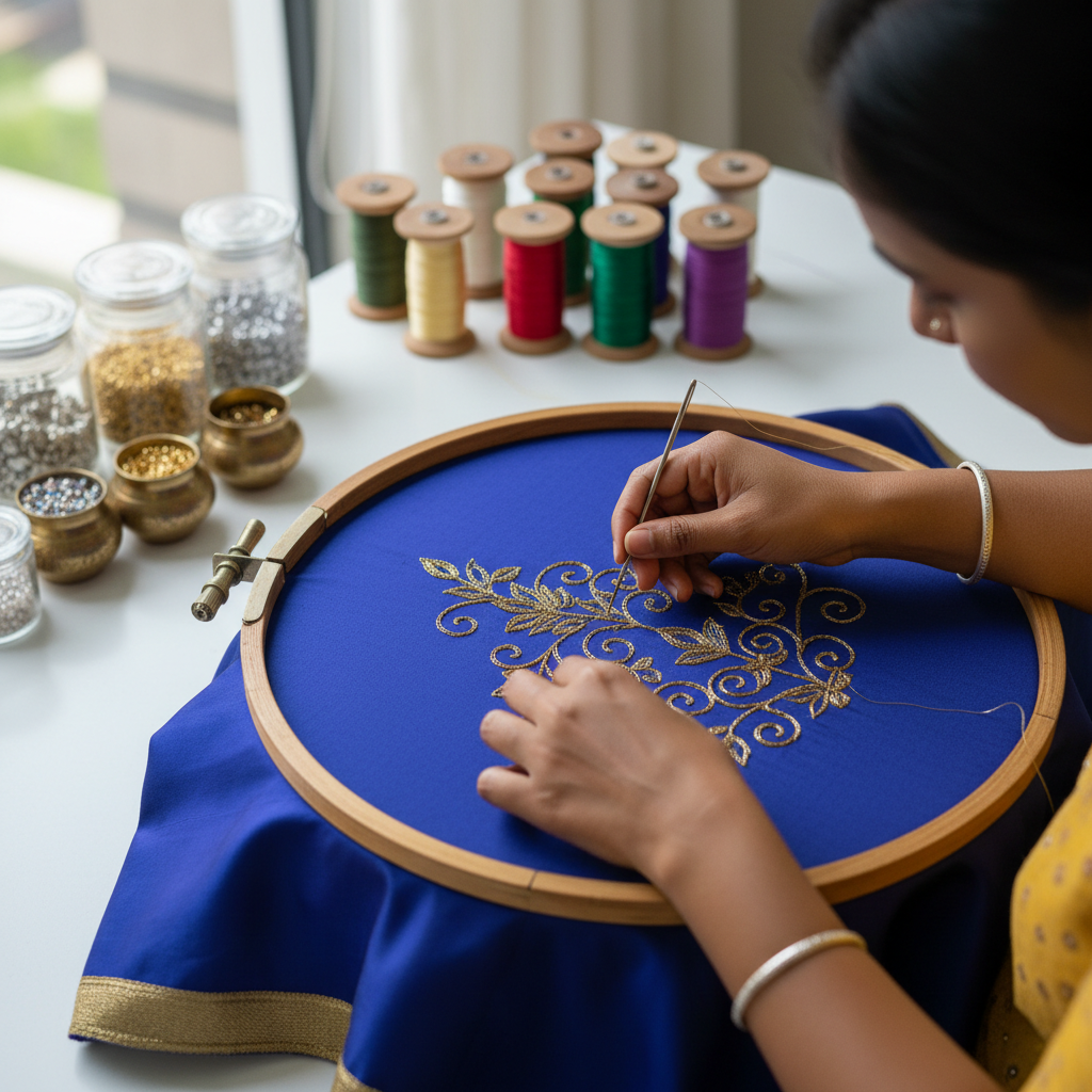 An artisan at Samuthrika Academy carefully crafting a design for a maggham work blouse in Chennai.