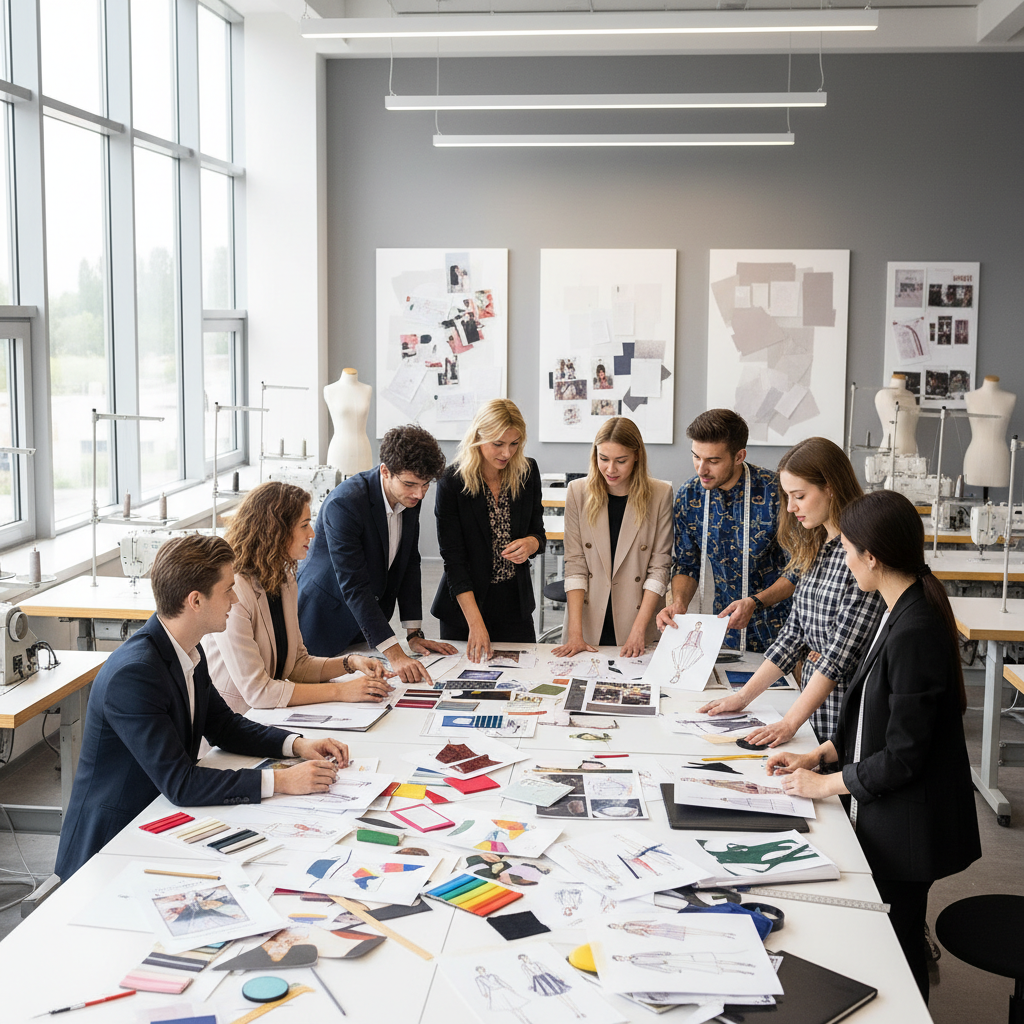 A diverse group of fashion design students collaborating around a large table covered in fabric swatches and sketches, finding the best fashion design course near me.